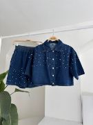 Taş Detaylı Gömlek Şort Denim Takım 10175 resmi